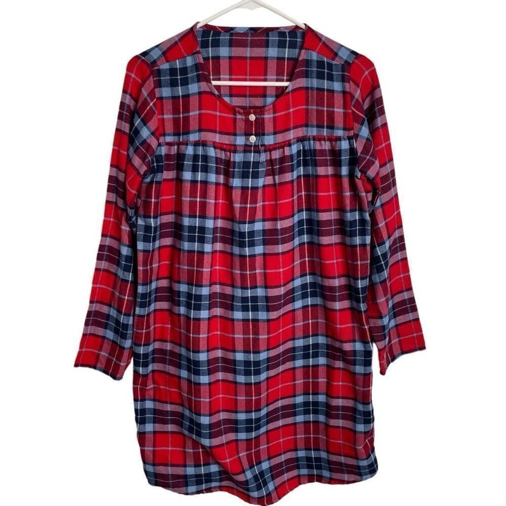 Lands’ End Girls Flannel Nightgown 16 Navy Red Plaid Flame Resistant